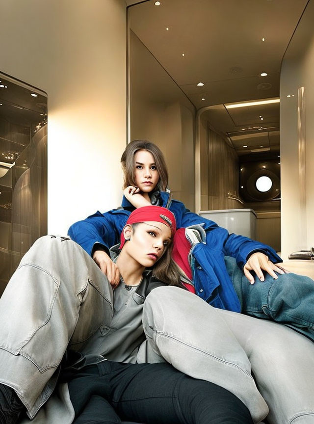 Fashionable duo posing in modern interior with trendy outfits and caps