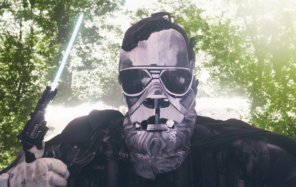 Sci-fi character in hybrid costume with lightsaber and blaster, forest backdrop