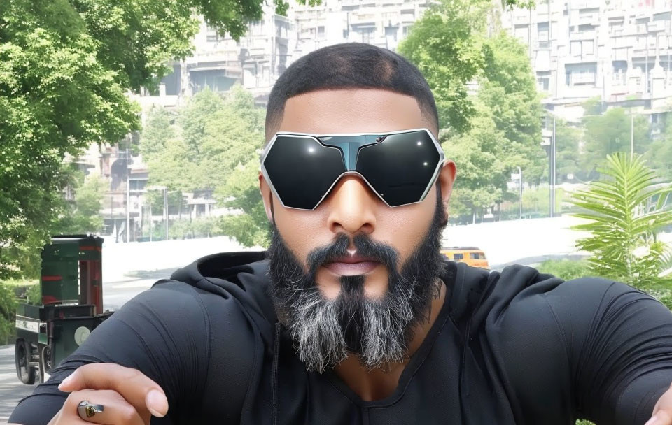 Bearded man in black sunglasses selfie in city park