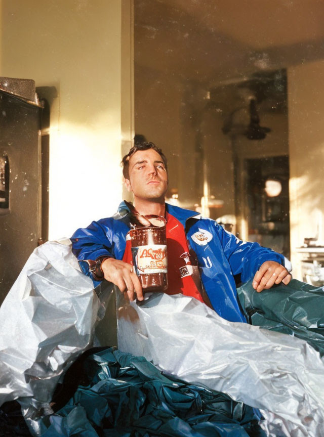 Person enjoying Nutella under thermal blanket in sunlight