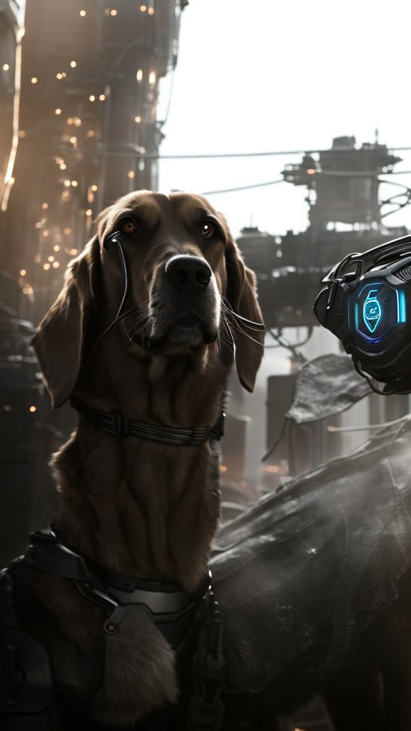 Futuristic dog harness with glowing blue device in industrial setting