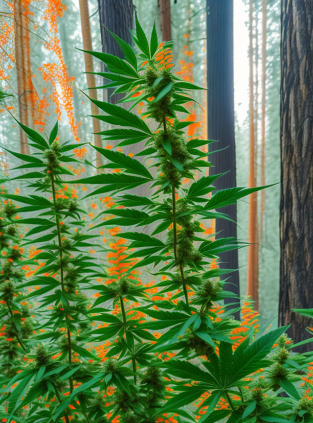 Cannabis Plants with Visible Buds in Forest Setting