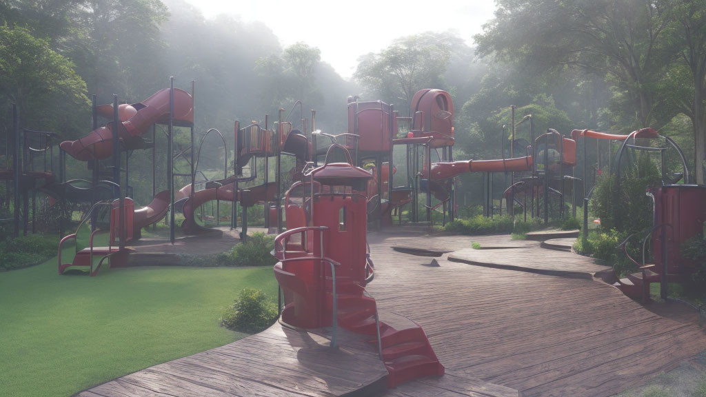 Misty playground with red slides on wooden surface