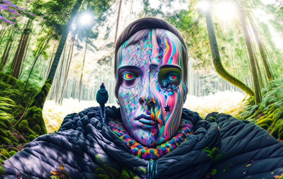 Person in Hood and Colorful Mask in Sunlit Forest