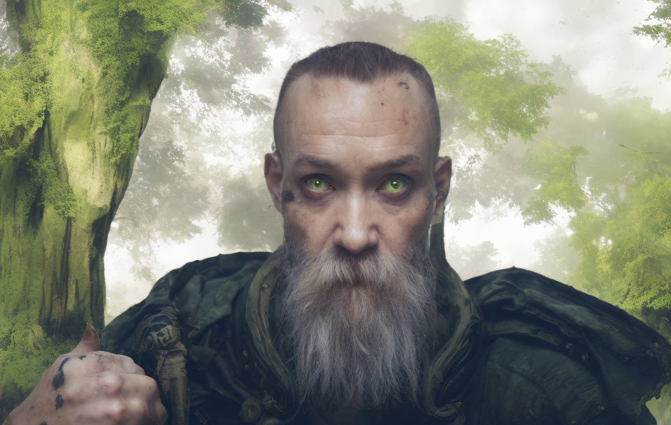 Bearded Man with Green Eyes, Tattoos, and Scars in Forest Mist