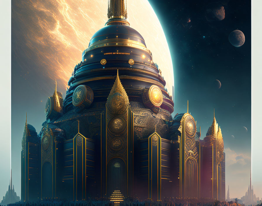 Ornate golden domed buildings in futuristic cityscape with ringed planet and moons under starlit