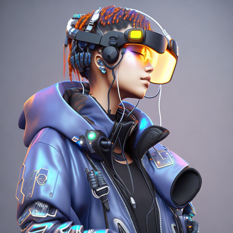 Colorful braids person in futuristic attire with tech-enhanced jacket