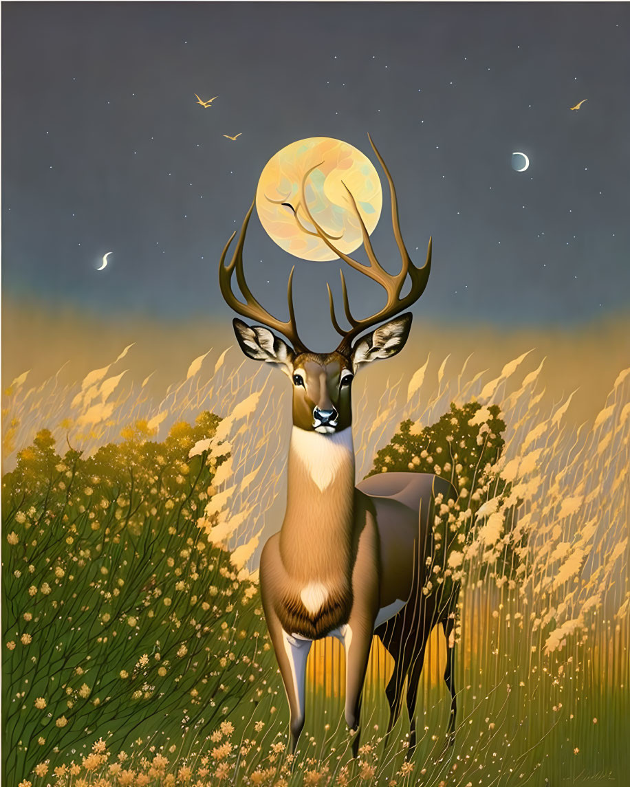 Majestic stag in golden field under full moon & starry sky