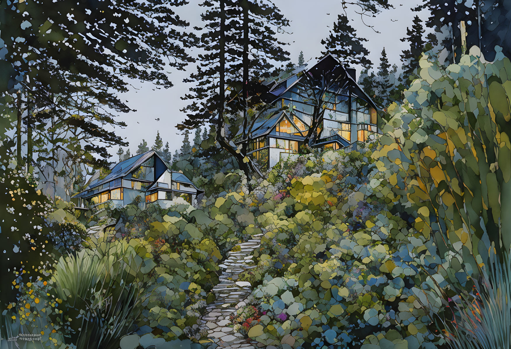 Illustrated forest landscape with stone path and modern glass houses