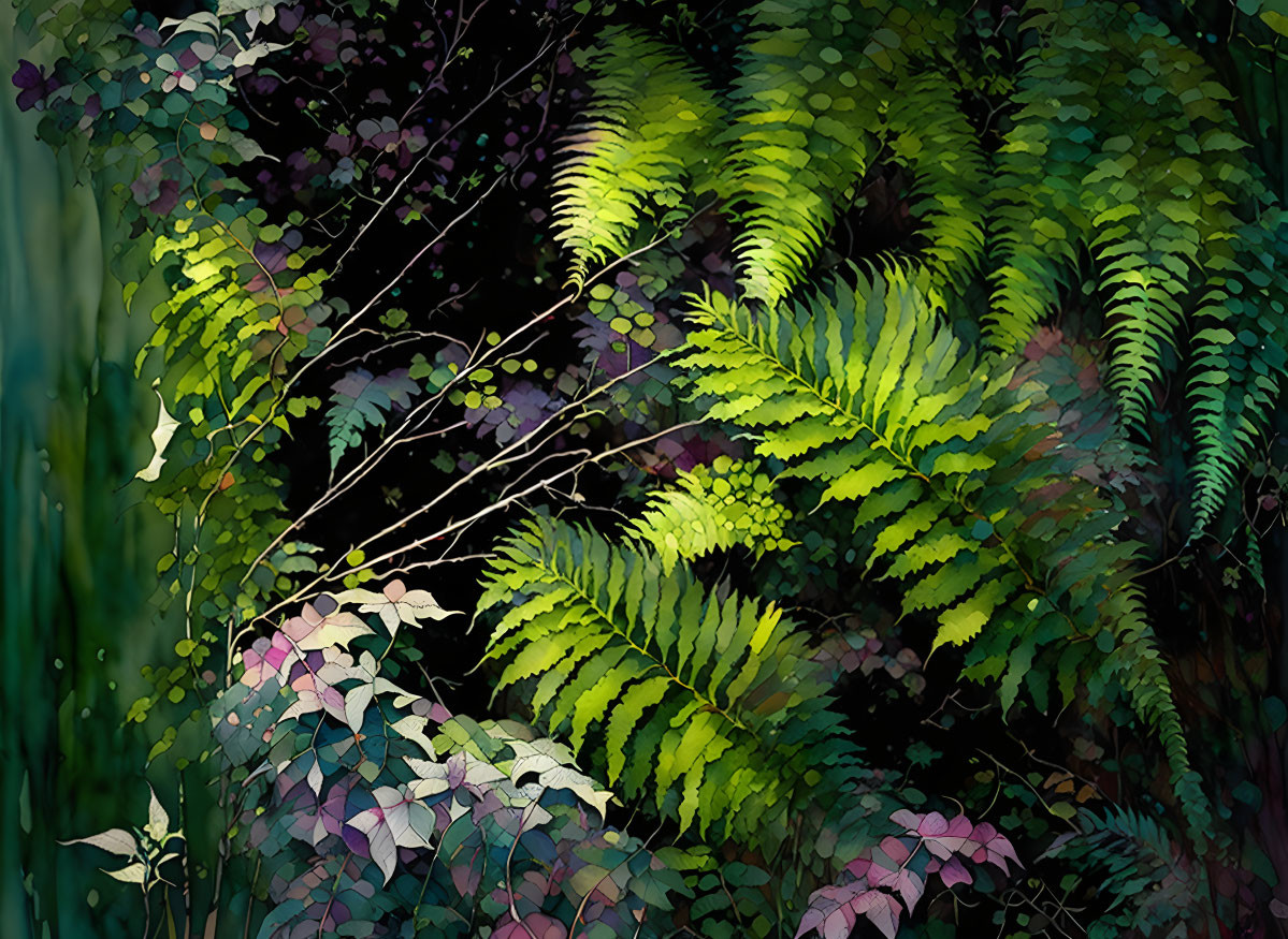 Shadowy Forest Underbrush with Lush Green Ferns and Purple Leaves