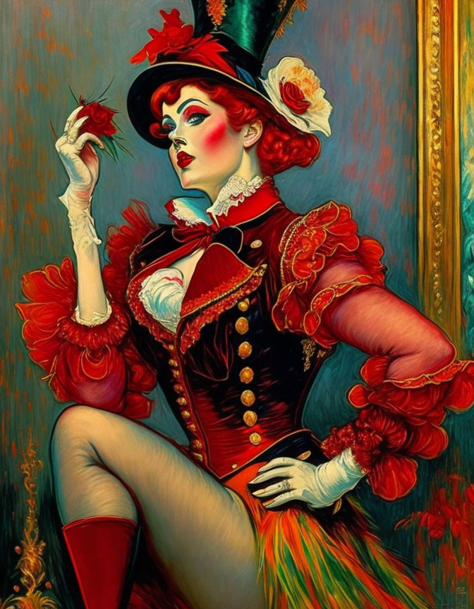 Colorful Stylized Painting of Woman in Red Circus Ringmaster Costume