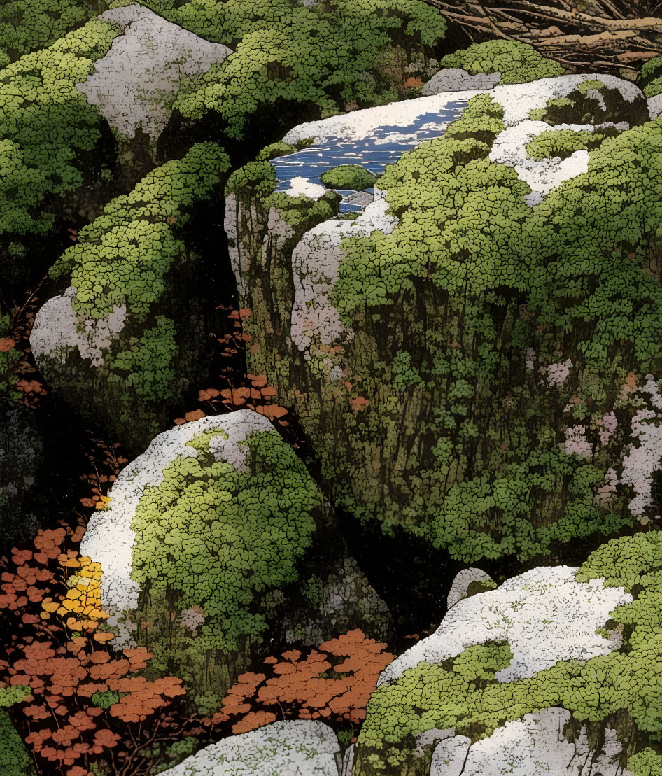 Diverse Foliage and Moss-Covered Rocks in Lush Forest Pond Scene