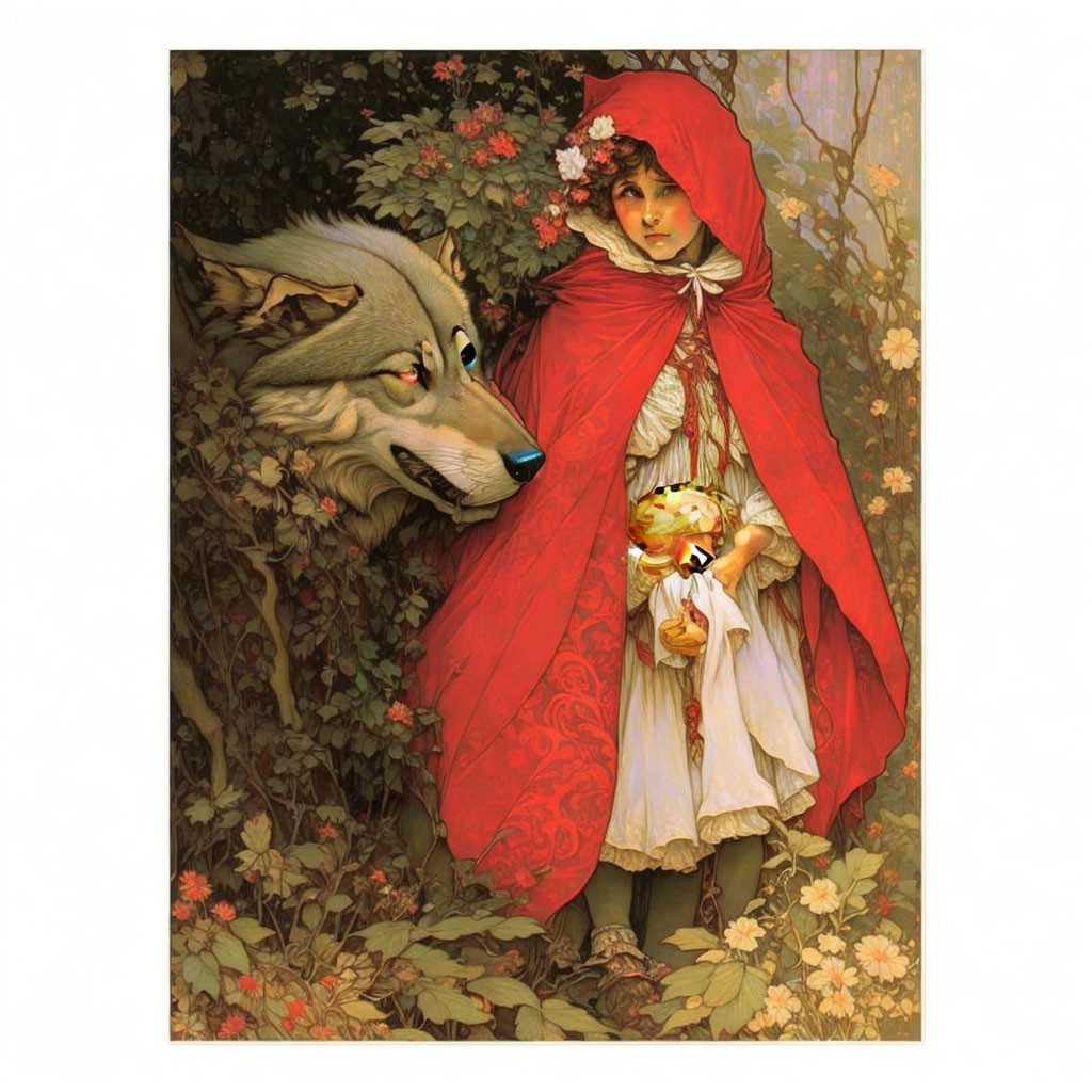 Girl in Red Hood with Wolf, Cat, and Floral Backdrop