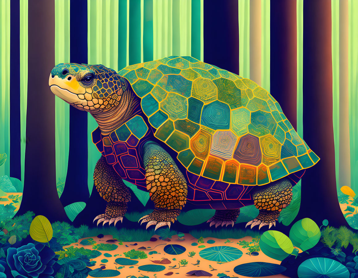 Colorful Tortoise Illustration in Geometric Forest Setting