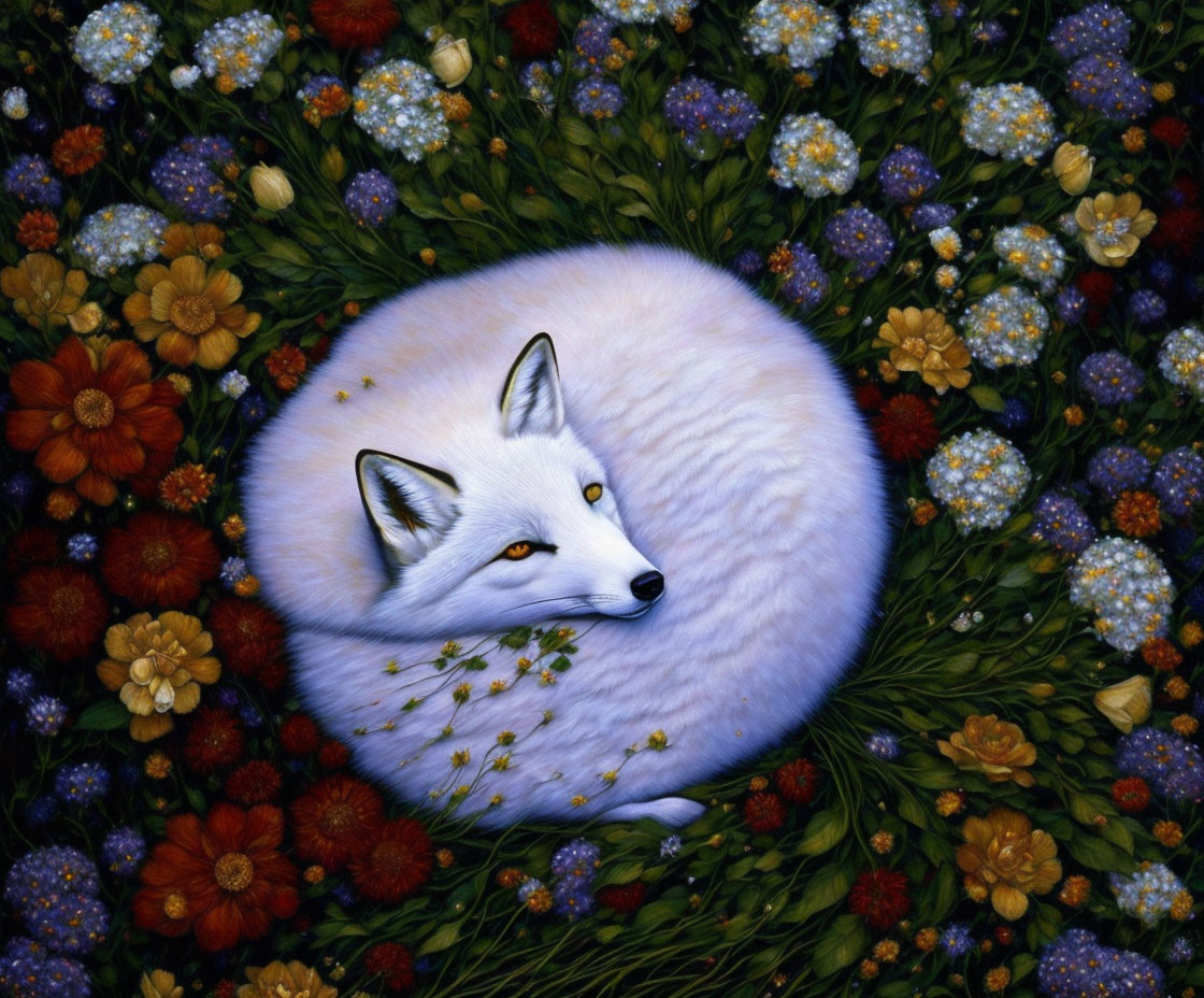 White Fox Resting Among Colorful Flowers in Serene Scene