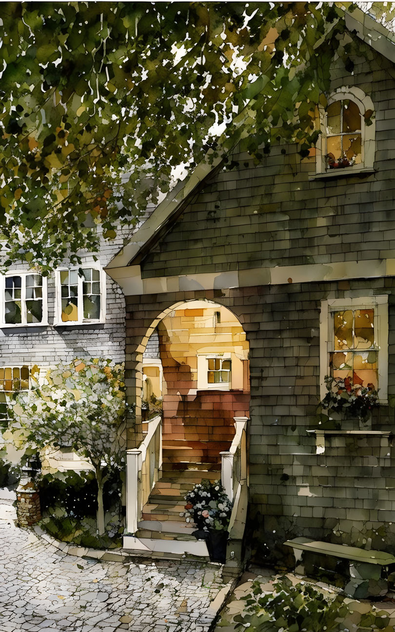 Cozy watercolor painting of a warm house surrounded by nature