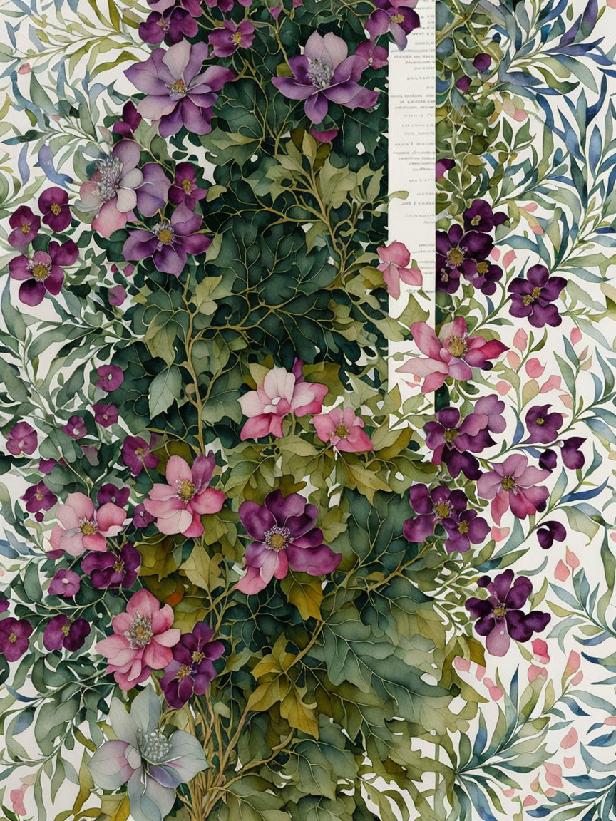 Detailed Botanical Illustration of Green Leaves and Pink/Purple Flowers on Gradient Background