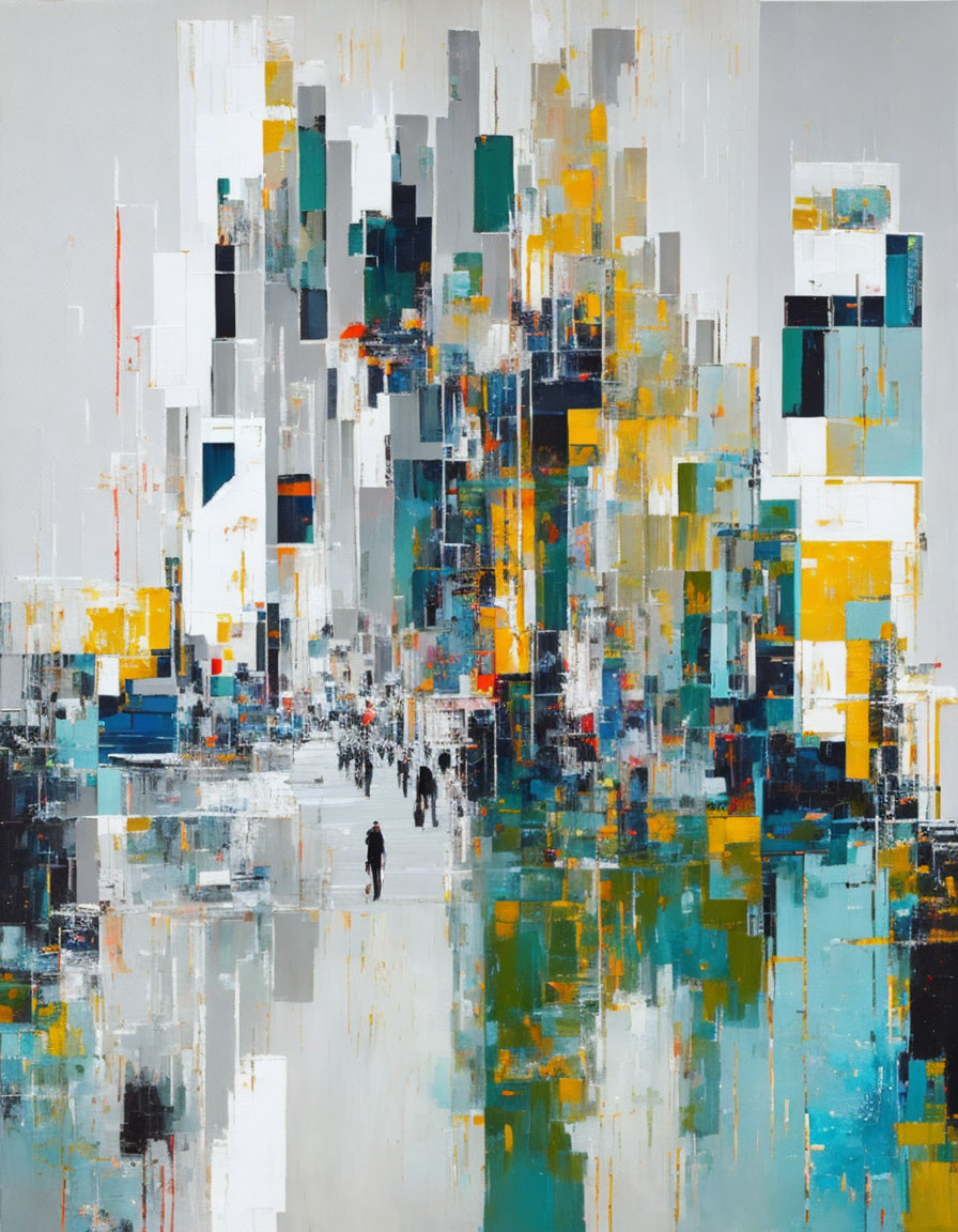 Colorful Abstract Cityscape Painting with Vertical and Horizontal Strokes in White, Yellow, Blue, and