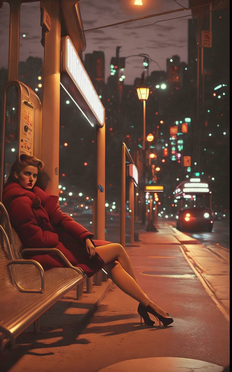 Lonely woman in red coat at night bus stop with city lights and bus.