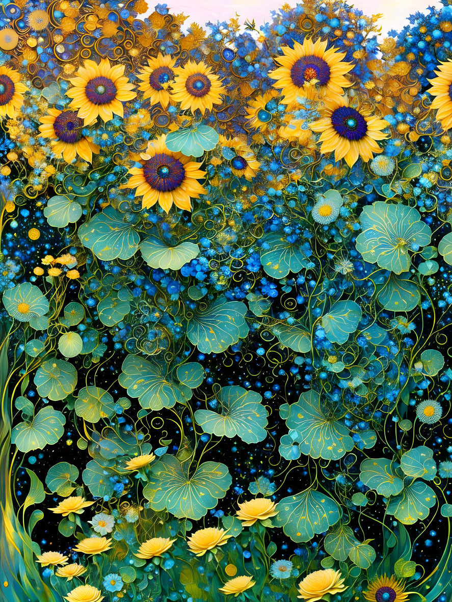 Colorful digital garden with sunflowers and blue flowers on surreal background