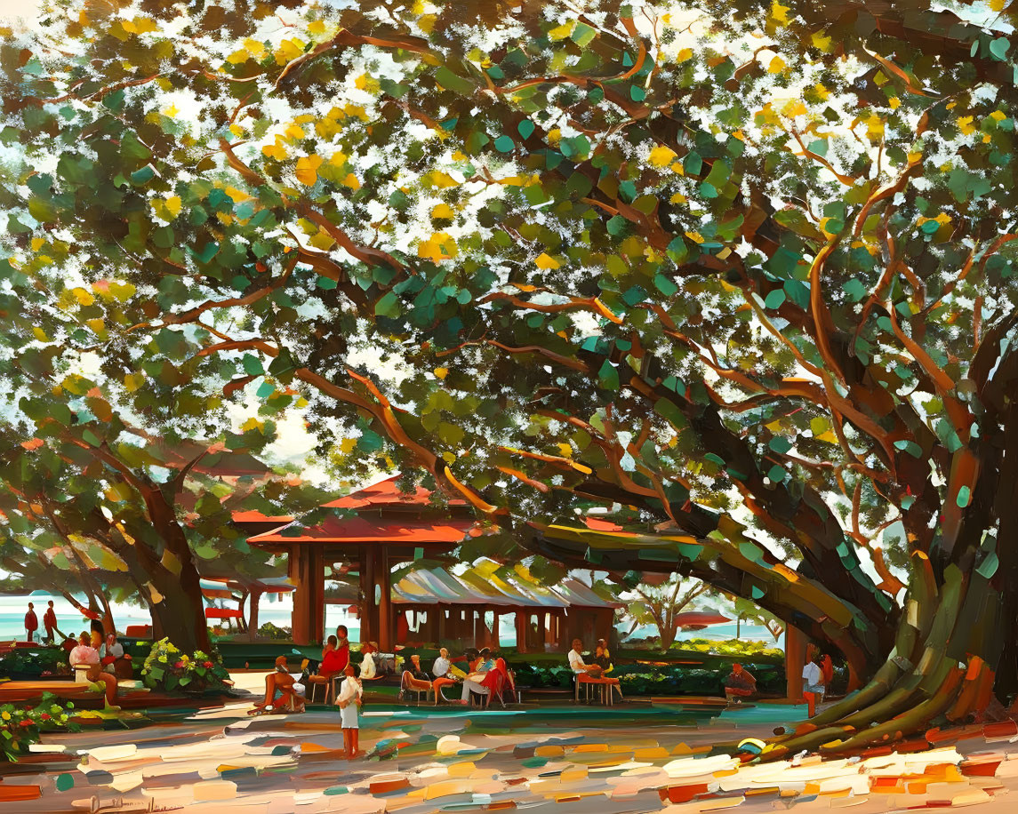 Tranquil park scene with shade tree, flowers, gazebo, and people on a sunny day