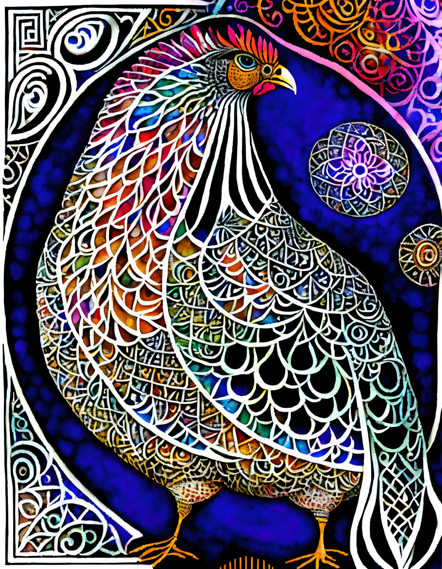 Colorful Rooster Illustration on Intricate Decorative Background