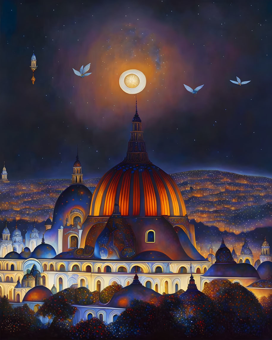 Starry night painting of domed building with full moon