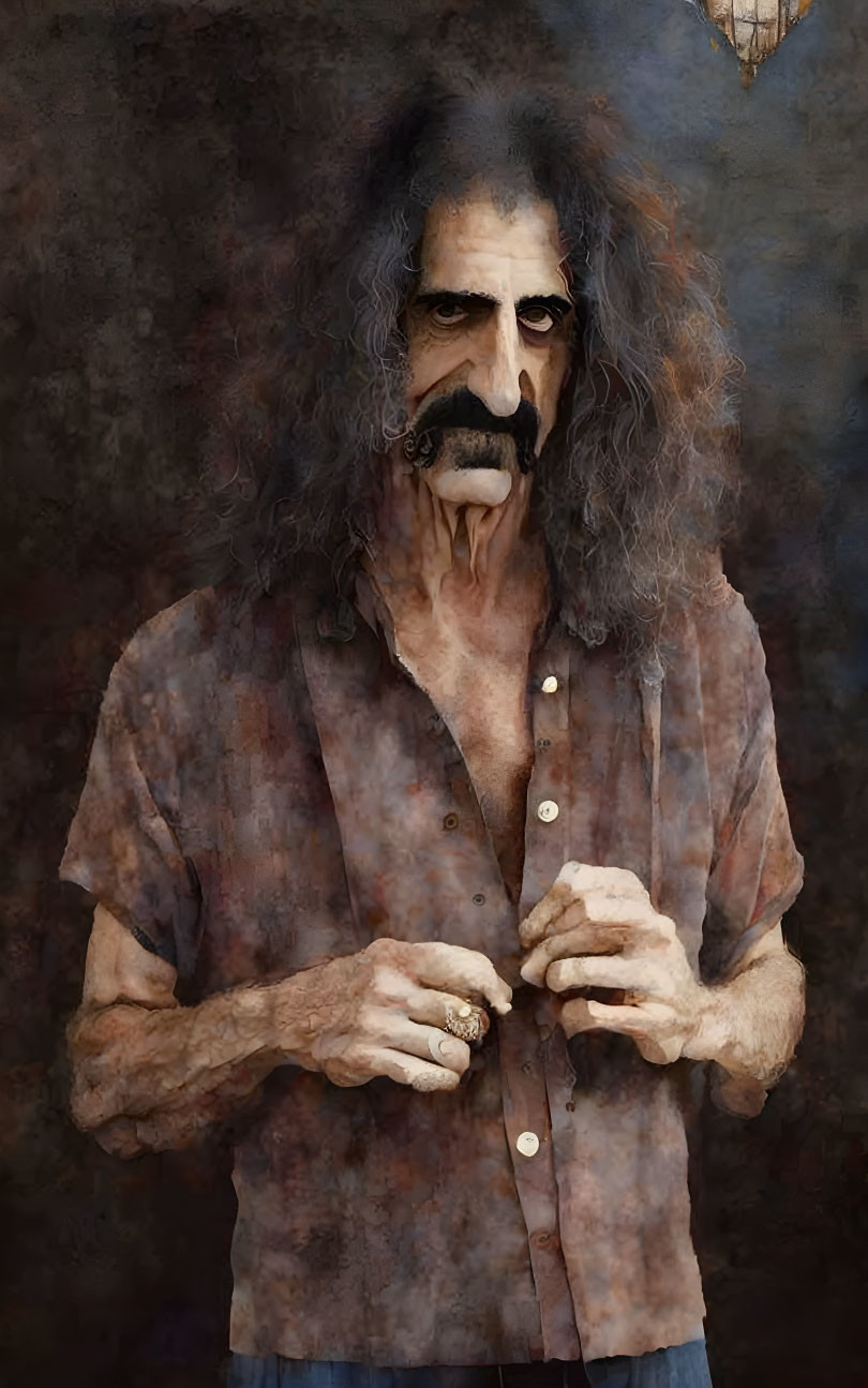 Portrait of person with long curly hair and mustache in rings on dark textured background