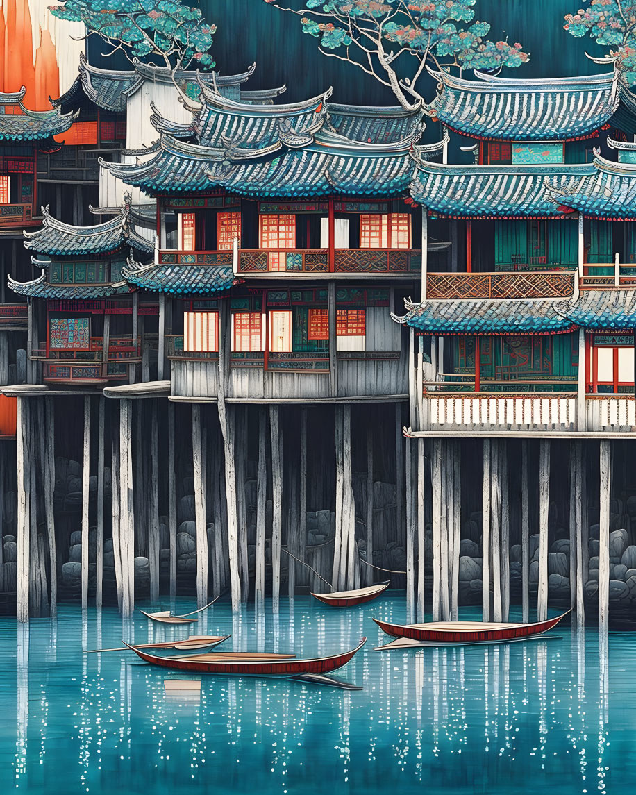 Asian stilt houses and boats on calm water at twilight.