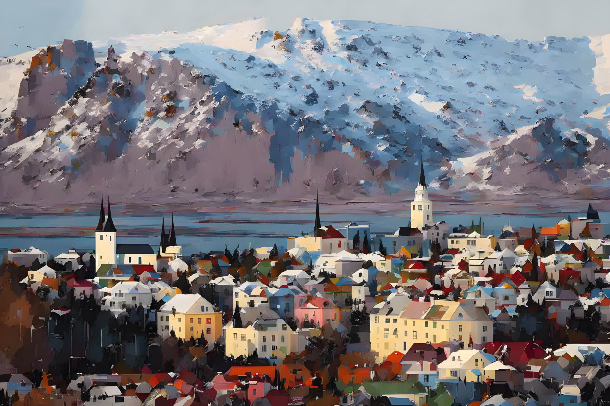 Colorful Townscape with Snow-Capped Mountains