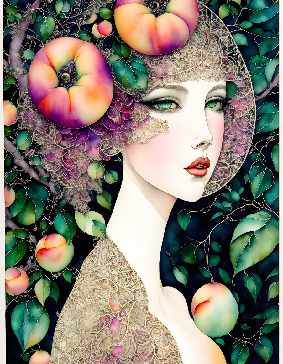 Illustrated woman with peach-themed attire and surroundings