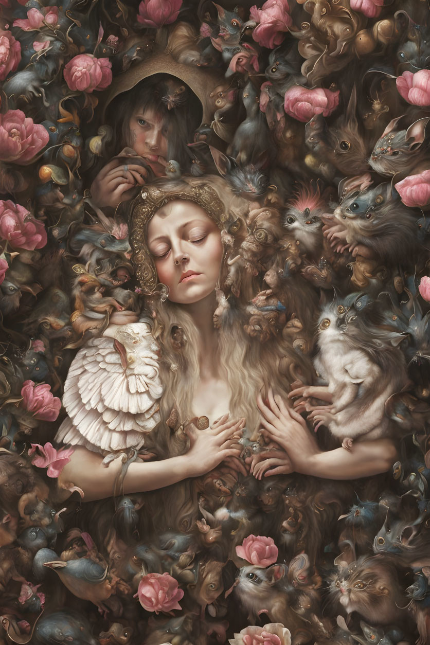 Woman with animals and flowers in surreal woodland scene