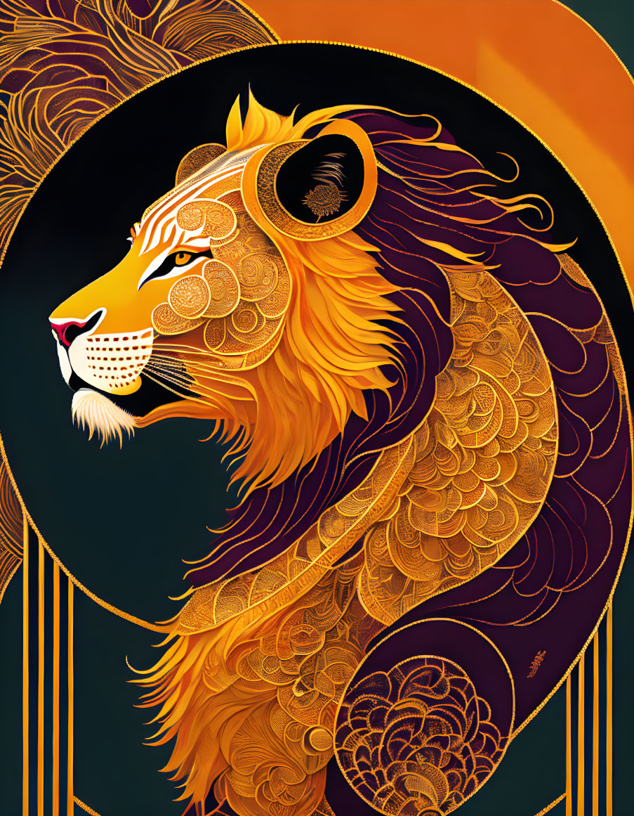 Majestic golden lion with intricate Art Nouveau patterns on dark background