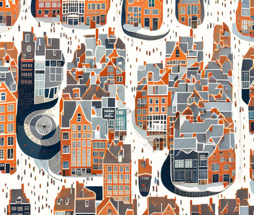 Colorful European Townscape Illustration with Tiny Figures