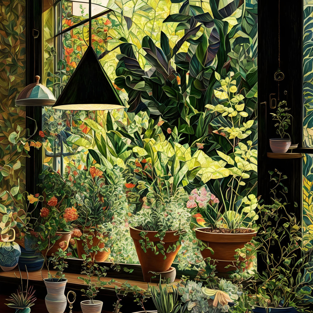 Indoor garden with potted plants on sunny windowsill