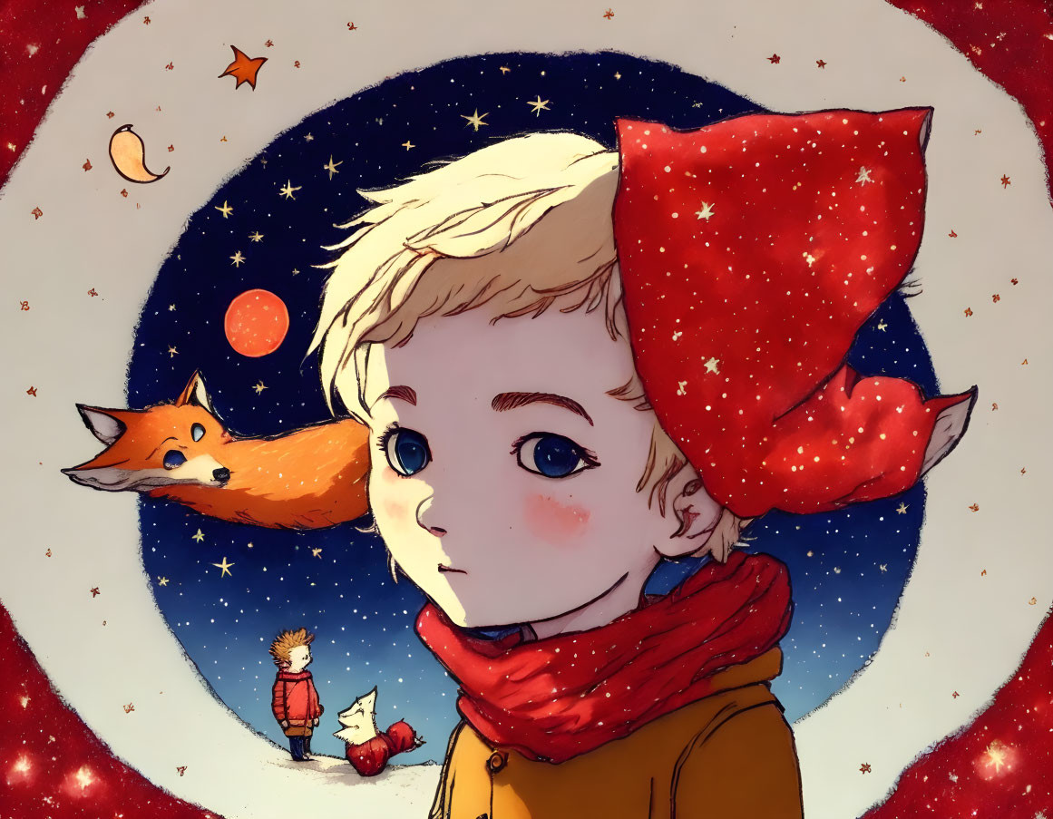 Whimsical child and fox illustration against cosmic backdrop