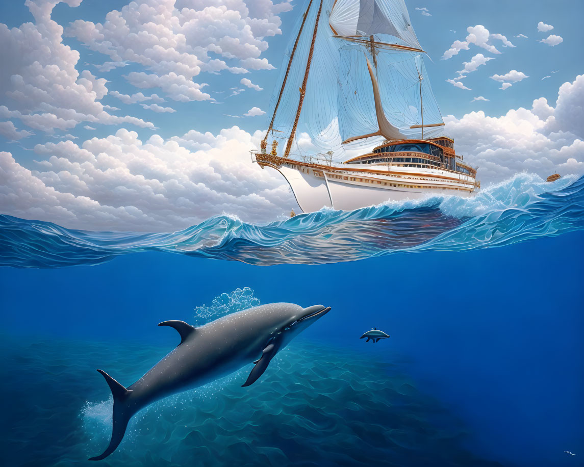 Sailboat, Dolphin, and Fish in Clear Blue Ocean