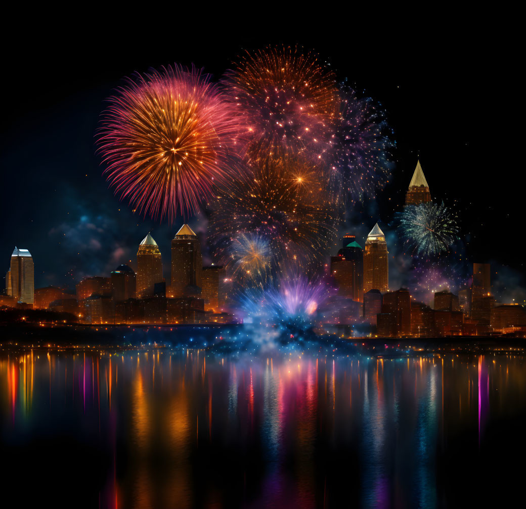 Colorful fireworks illuminate city skyline at night with water reflections