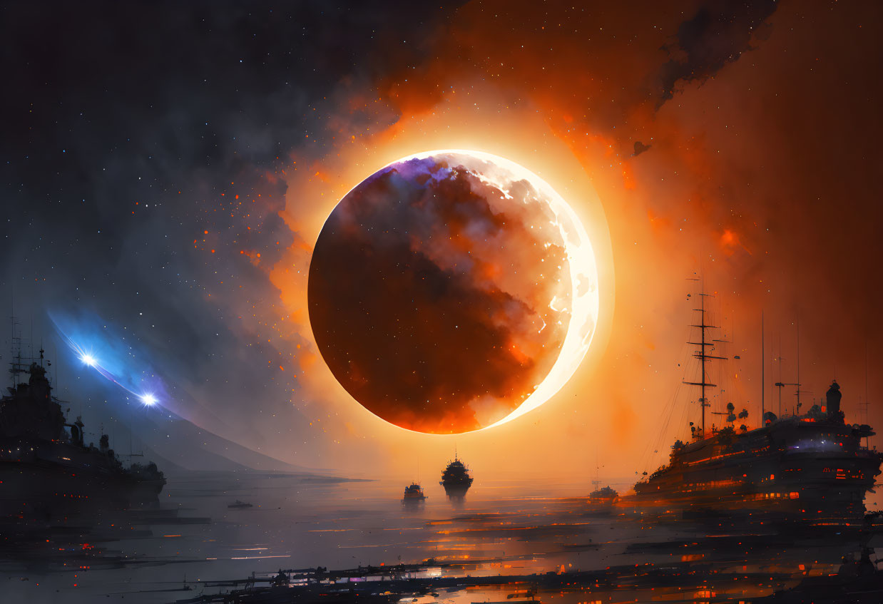 Large Moon Rising Over Naval Fleet in Fiery Skies with Comet Streaking Past