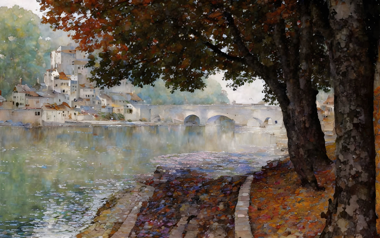 Scenic autumn river view with stone bridge, reflected buildings, and leaf-covered path