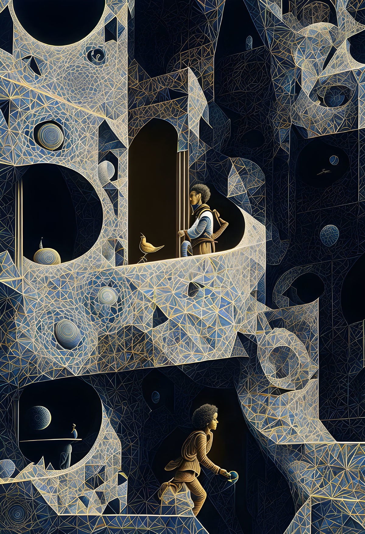 Digital artwork: Multiple figures and spheres in labyrinth of staircases and arches in gold and blue.