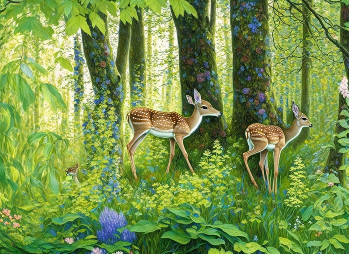 Spotted fawns and rabbit in lush green forest with purple flowers