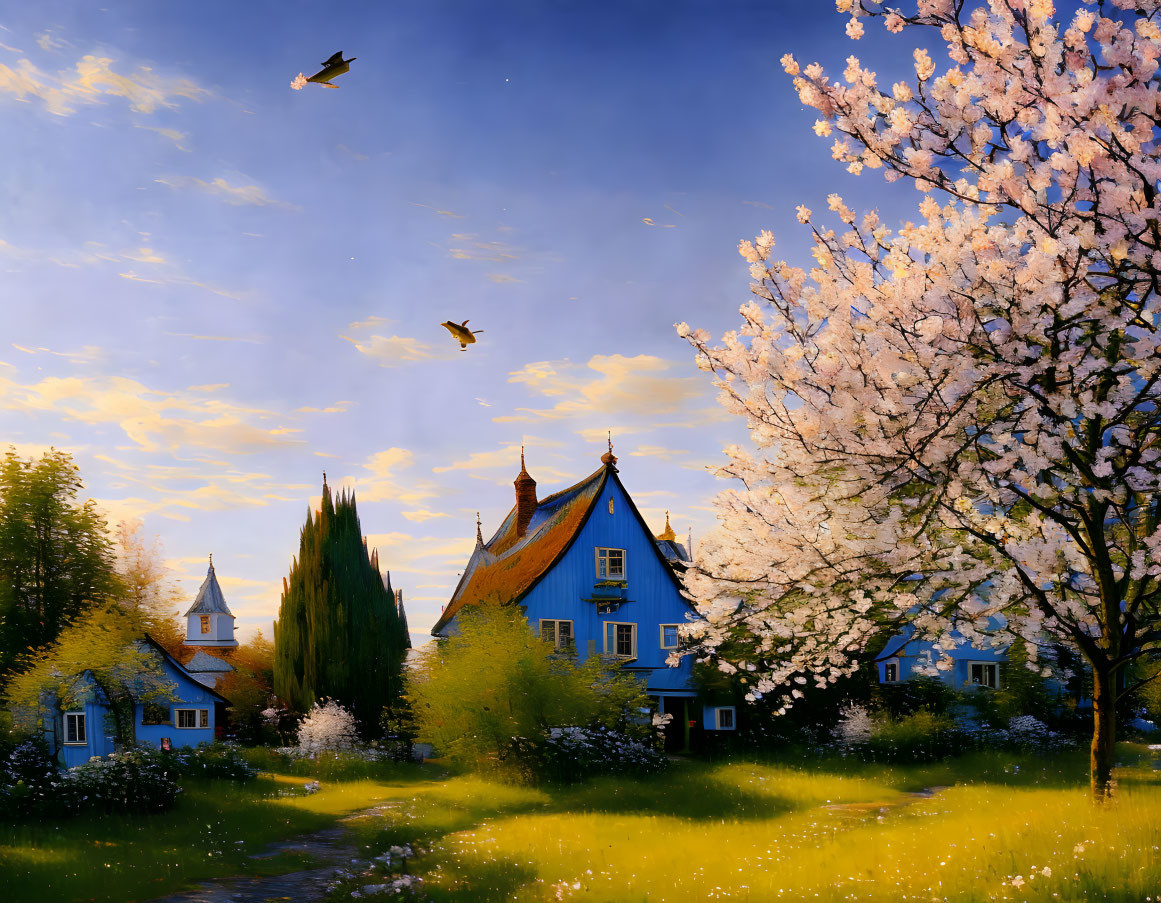 Cherry blossom tree and traditional houses in spring sunset