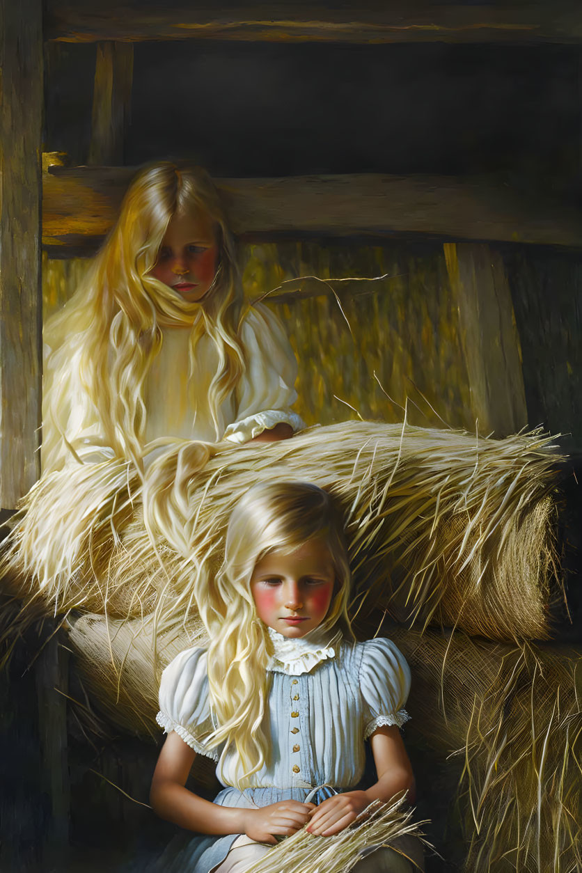 Blonde young girls sitting among hay bales with somber expressions