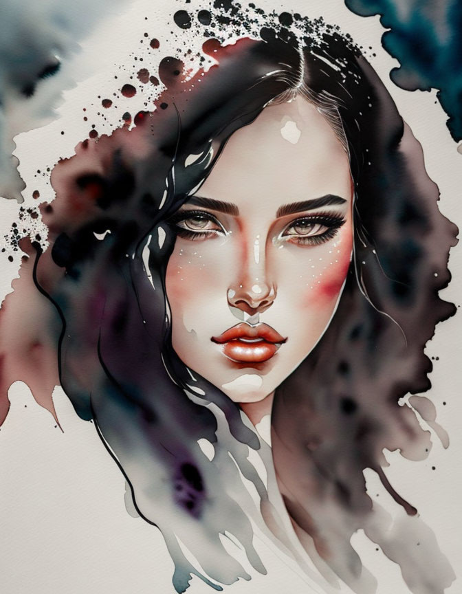 Stylized watercolor painting of a woman with dark hair and striking features