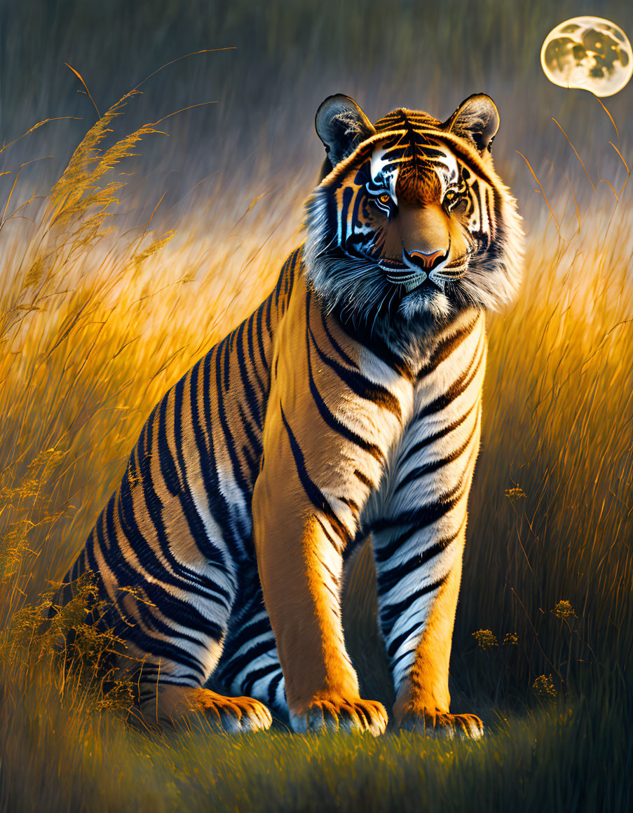 Majestic tiger in golden grass under full moon