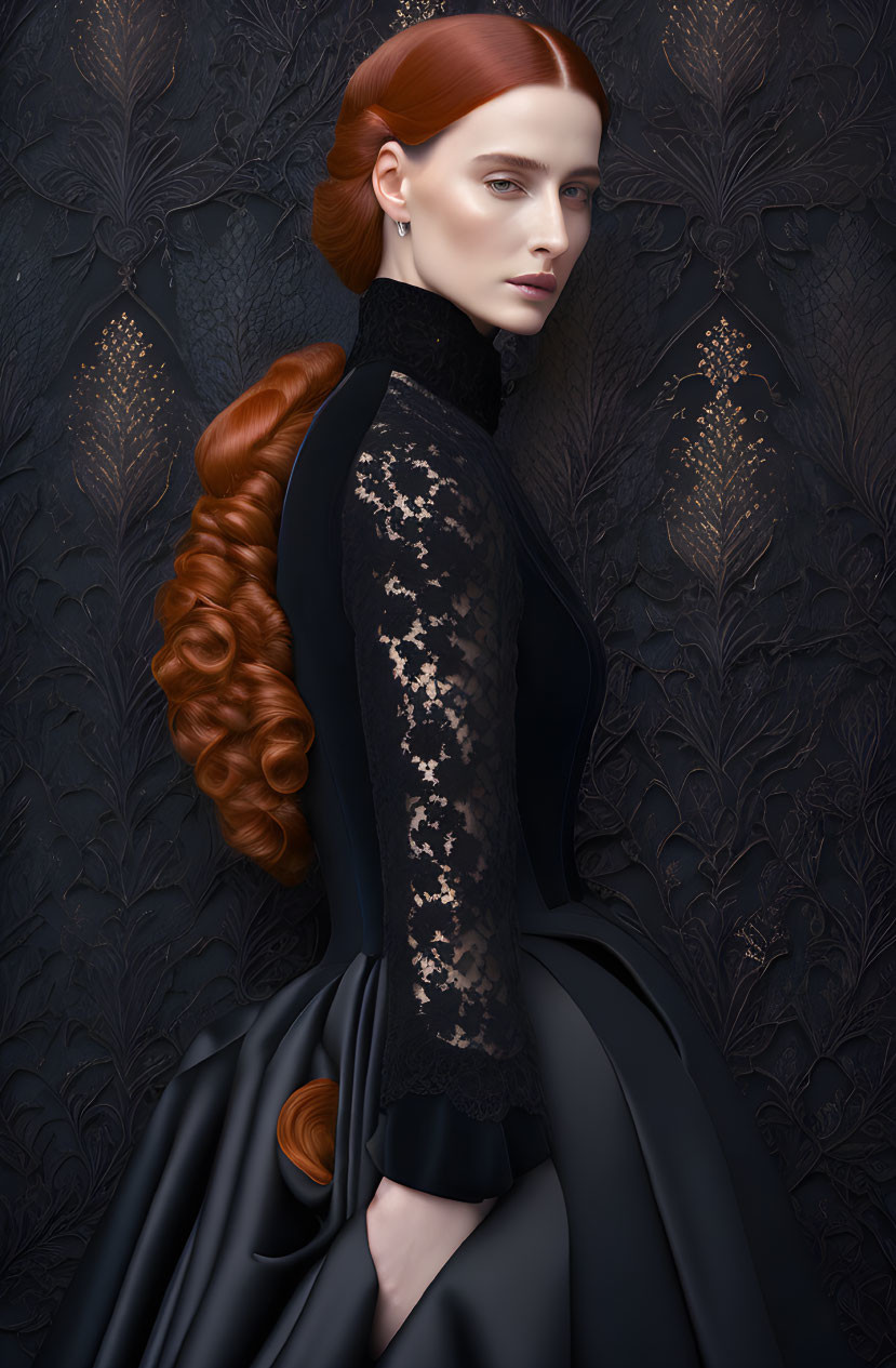 Auburn-Haired Woman in Black Lace Dress on Dark Patterned Background