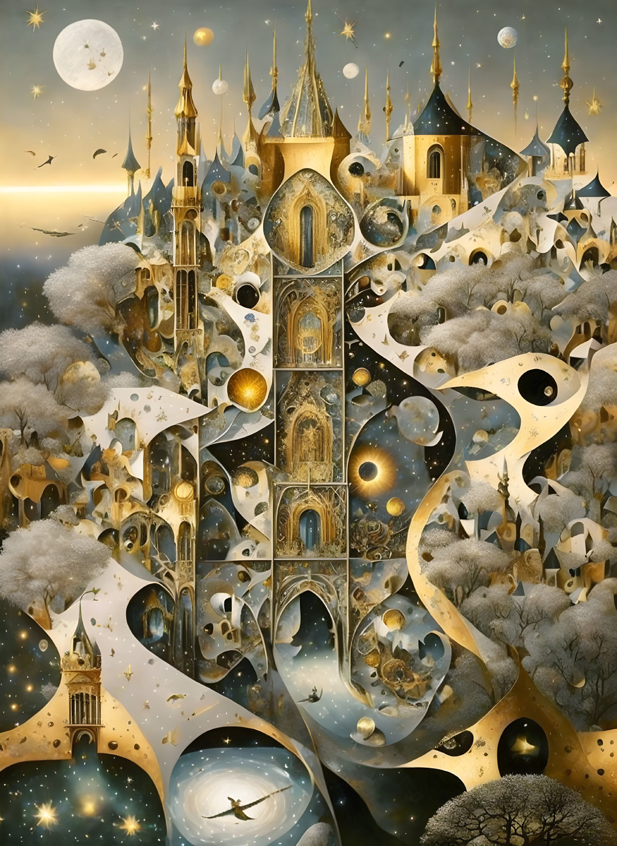 Fantastical castle with swirling pathways and towers against starry sky.