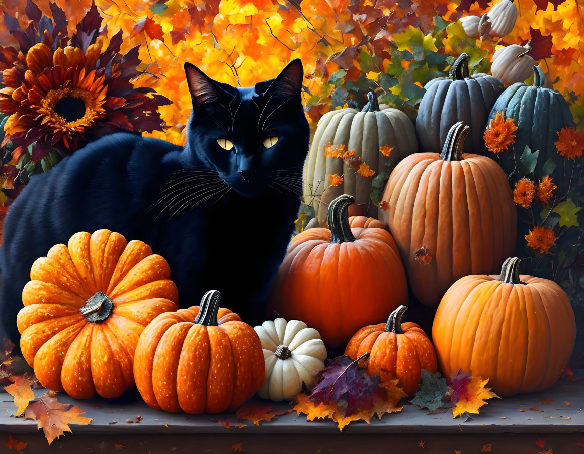 Black Cat Surrounded by Pumpkins and Autumn Foliage