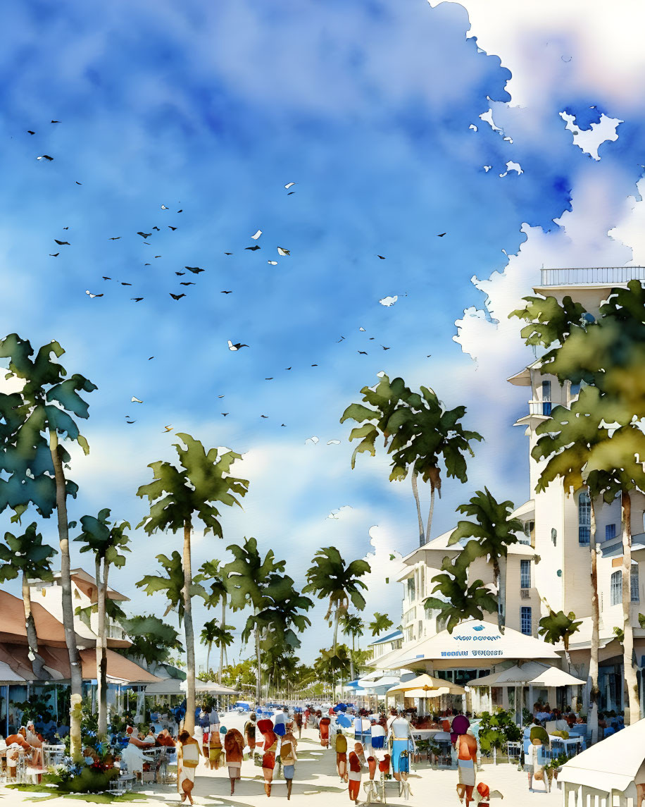 Tropical beach scene with palm trees, blue skies, and people walking